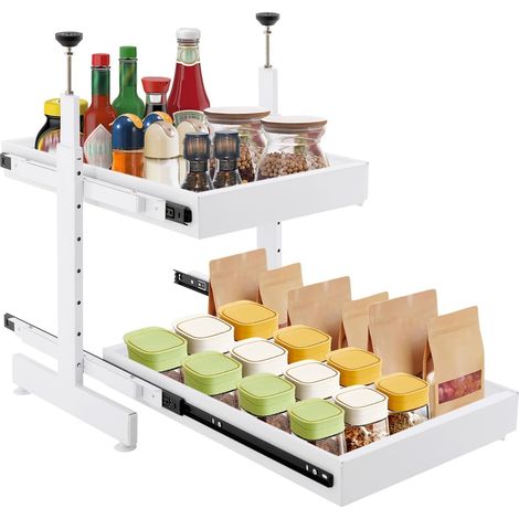 Tiroir télescopique de cuisine à 2 étages, sans perçage, longueur : 41 à 60 cm, hauteur réglable : 47 à 90 cm, profondeur : 53 cm, capacité de charge maximale de chaque niveau : 10 kg, Blanc
