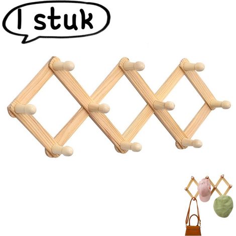 1 pièce - Porte-manteau mural accordéon - Portant télescopique en bois, pliable, à fixer derrière une porte - Crochets réglables - Couleur bois naturel (1/5)