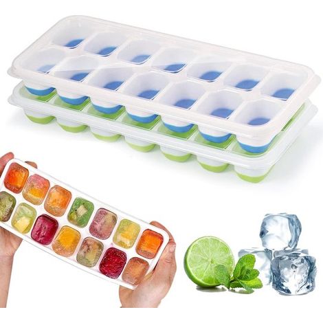 2 vassoi per cubetti di ghiaccio in silicone con coperchio - Senza BPA e impilabili, per cubetti di ghiaccio quadrati (1/5)