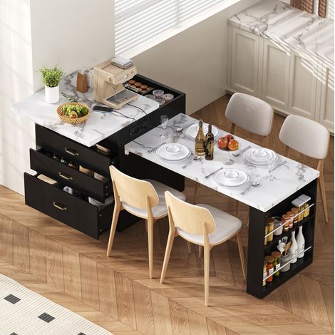 Tavolo bar allungabile con illuminazione a LED, isola cucina, porte USB e Type-C, 125,5-187,5x71x93 cm, MDF nero (1/5)