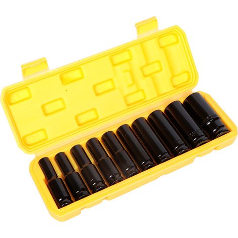 Lot de 10 douilles pneumatiques 1/2 pouce, acier chromé vanadium, 6 pans, pour clé électrique, boîte jaune (1/5)