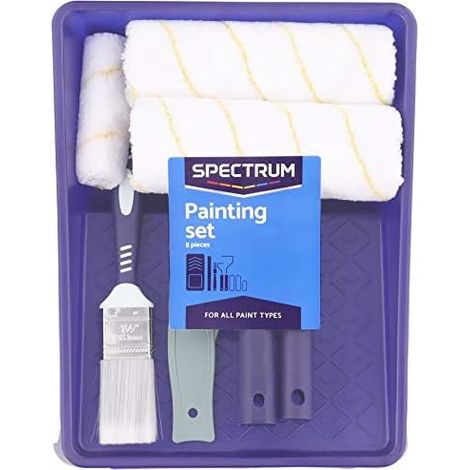 kit Peinture 8 pieces, 1 grand manche,1 petit manche, 2 gros rouleaux, 1 petit rouleau, 1 pinceau, 1 raclette, 1 bac a peinture (1/4)