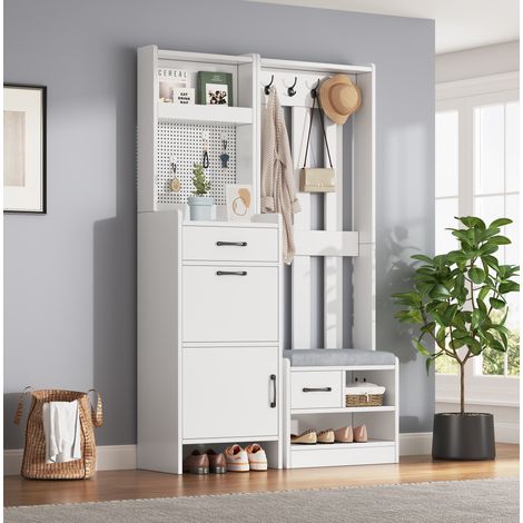 Mobile ingresso con appendiabiti, panca e scarpiera a ribalta, 110x35x175,5 cm, bianco OKMYHOME (1/5)