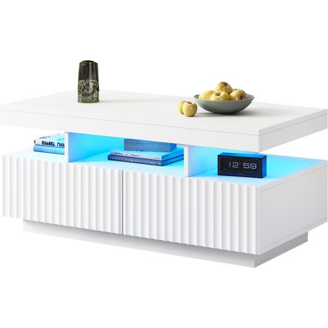 ELVMI Couchtisch mit 2 Schubladen, Offenem Fach und Per App Regelbarer LED-Leiste, Weiß, 100 x 50 x 45 cm (1/5)