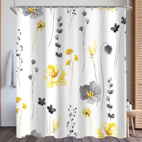 1 Rideau de douche, 180x160 cm, motif fleurs, polyester imperméable, anti-moisissure, avec 12 anneaux, pour salle de bain (1/5)