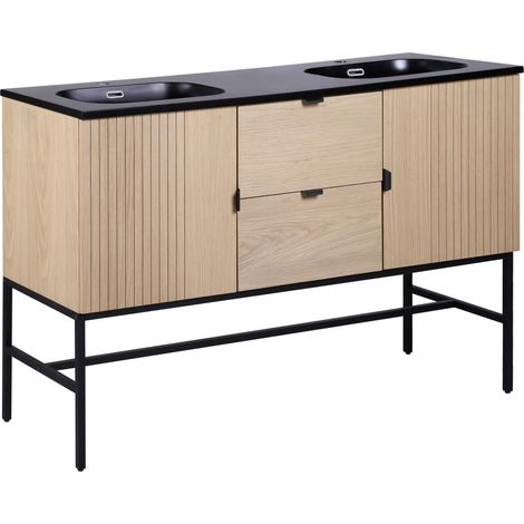 Mueble de lavabo doble STUDIO roble 140cm sobre patas con encimera de lavabo de resina