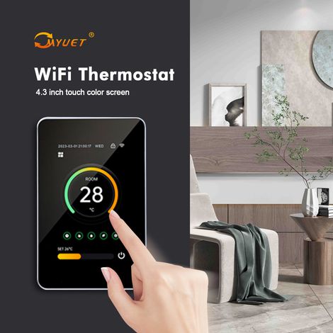 Thermostat Intelligent WIFI pour Chauffage Électrique 16A, Écran Tactile Couleur 4.3 Pouces, Contrôle Vocal Alexa/Google Assistant, Plage Température 5-70℃, Dimensions 14.2×9.5×6.5cm, Ouverture 60MM (1/5)