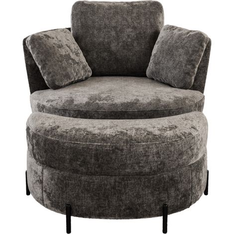 Fauteuil pivotant moderne en chenille grise avec repose-pieds en forme de lune et 3 coussins amovibles (1/5)