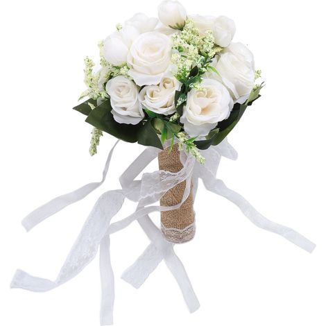 Bouquet de mariée artificiel blanc laiteux, réaliste et élégant, idéal pour les photos de mariage. Fleurs artificielles d'un blanc laiteux, réalistes et modernes. (1/5)