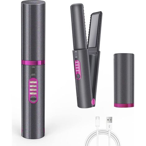 Lisseur Cheveux, Fer à Lisser Sans Fil de Voyage en Céramique, Mini Lisseur de 3 Niveaux Température Réglable, Rechargeable de Type C, Batterie 4800 mAh, Adapté à Tous Types de Cheveux, Gris