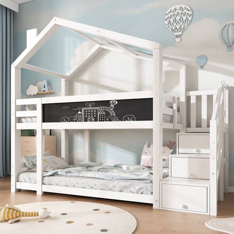 Lit superposé cabane enfant 90x200 cm avec cheminée, escalier de rangement, tableau noir, garde-corps de sécurité, 2 sommiers à lattes, blanc (1/5)