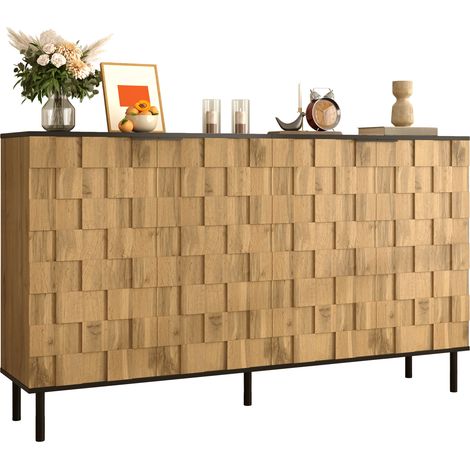 Buffet mosaïque, meuble à 2 portes, meuble de rangement aspect bois, panneaux de particules, pieds en métal, pour salon et entrée (1/5)