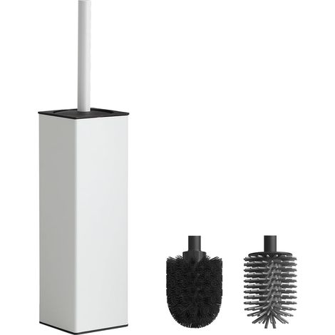 1 - Brosse WC - Support Métal - Têtes interchangeables - Design carré autoportant - Pour salle de bains - Blanc - 35x12x12cm