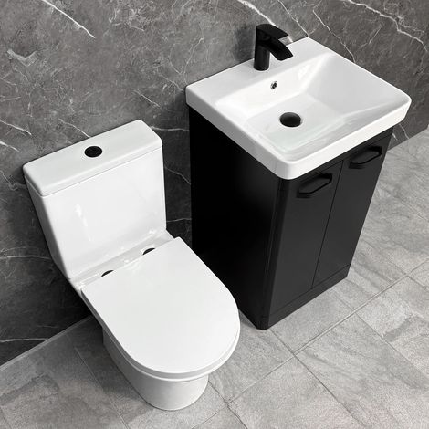 Black Vanity Unit Bathroom Suite 500mm with Open Back Toilet with Black Handles, Without Tap & Waste