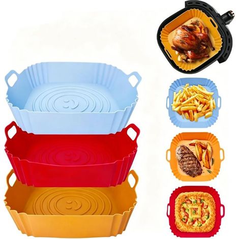 Lot 6 Moules Silicone Carré pour Air Fryer, Doublure Réutilisable avec Motif Souriant, Compatible Friteuse à Air, Four et Micro-Ondes, Bleu Rouge Orange