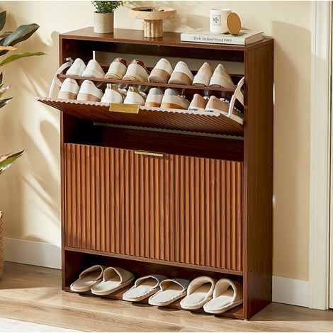 Meuble à chaussures 80x24x102 cm noyer en MDF avec étagères réglables, abattants et dispositif anti-basculement (1/5)