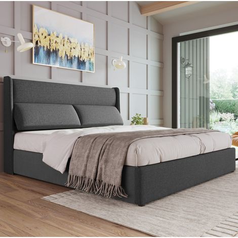 Bett Doppelbett Stauraum 140x200 Leinen Grau OKMYHOME (1/5)