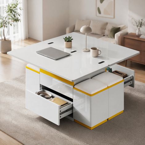 Table basse relevable 100 x 50 x 43 cm, avec rangement et 4 tabourets HAVRYA (1/5)