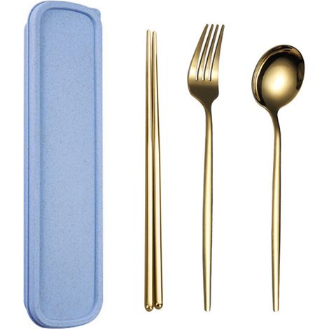 4 pièces Ustensiles de voyage, fourchette cuillère baguettes en acier inoxydable, étui inclus, pour pique-nique camping voyage (1/5)