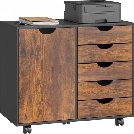 Büroschrank mit 5 Schubladen, Tür mit verstellbarem Einlegeboden, Druckerstand auf Rollen, 78x40x66,5 cm, braun.