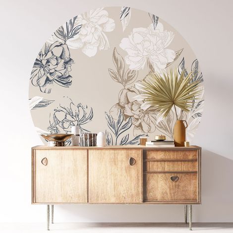 Sticker mural rond / cercle - Motif floral - Diamètre 70 cm - Adhésif + Protection MATE (1/3)