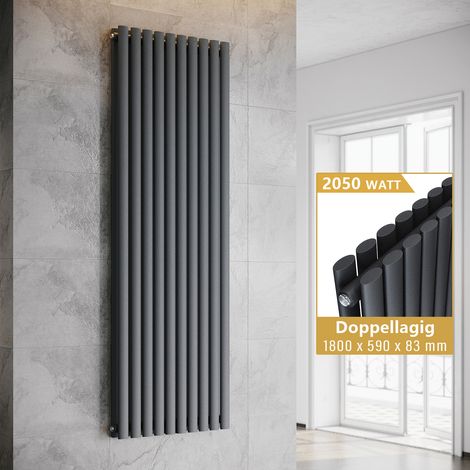 ELEGANT Heizkörper Anthrazit Doppellagig Röhrenheizkörper Oval Paneelheizkörper Vertikal 1800x590mm 2050Watt