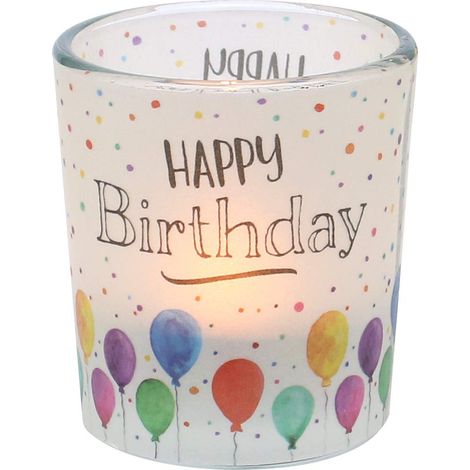 Photophore en Verre à Motif sur Une Banderole Transparente, avec 1 Bougie Chauffe-Plat, H x Ø 6,5 x 6 cm, Motif Happy Birthday. (1/3)