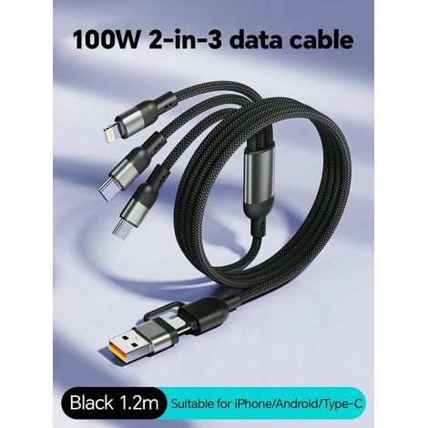 3-in-2 Schnellladekabel (100 W max.), nylonummantelt, USB-A auf USB-C/Lightning/Micro-USB, kompatibel mit iPhone 16/15/14, Samsung S24/S23, Android, Huawei, Schwarz (1/5)