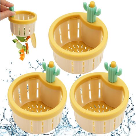 Lot de 3 filtres à bonde Cactus pour évier, avec presse-filtre et panier de vidange automatique jaune pour cuisine et salle de bain (1/5)