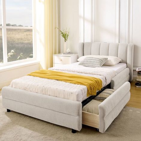 Lit avec tiroirs 90x200, tiroirs latéraux lit une personne, revêtement chenille doux, ports USB intégrés, dossier ergonomique (1/5)