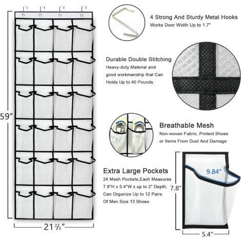 NALOOKAMIC  2 pcs Organiseur de chaussures à suspendre sur la porte, 24 poches en maille, support de chaussures à suspendre avec crochets de porte, idéal pour une armoire, une chambre, une salle de ba (1/4)