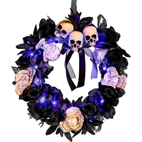 Couronne d'Halloween, pendentif de porte, fantôme, crâne, citrouille, feuille d'érable noire avec lumières
