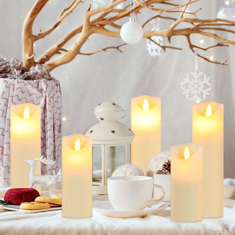 Jiubiaz LED Kerzen Echtwachskerzen 5er Set 20 / 18 / 16 / 14 / 13 cm - mit Fernbedienung Timer dimmbar flackernd warmweiß verschiedene Höhen Elfenbein (1/5)