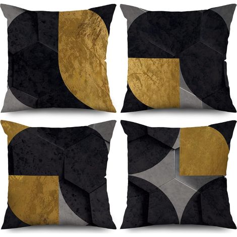 Lot de 4 Noires 40x40 cm, Europe du Nord Moderne Gris Noir Jaune Housse de Coussin décorative pour canapé Lavable Lin Textile taie d'oreiller d'extérieur (1/5)