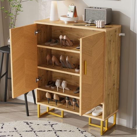 Zapatero de MDF color natural 80 x 38 x 100 cm, 2 puertas, hueco abierto y bisagras de cierre suave (1/5)