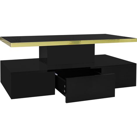 Mesa de centro negra de alto brillo con LED, cajón integrado y 2 niveles 100x50x38,5 cm HOMVRA (1/5)