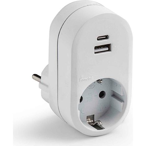 Adaptateur Schuko 1 Prise 2 Broches + 2 Ports Usb (a + C) Ip20 Blanc, Blister