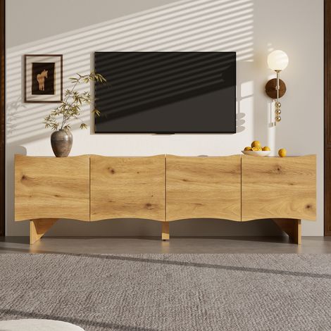 Meuble TV 155 cm Console TV Effet Bois Motif Ondulé avec 4 Portes et 4 Passe-Câbles pour Salon (1/5)