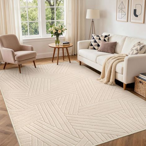 Tapis Salon Beige 160x230 cm Géométrique Moderne 3D Crème antidérapant lavable en machine, doux et confortable pour chambre, séjour et salle à manger (1/5)