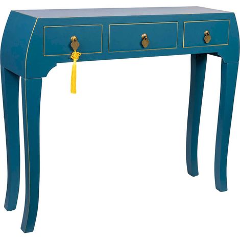 Console art déco bleu métal avec trois tiroirs élégants - bleu profond avec détails dorés (1/5)