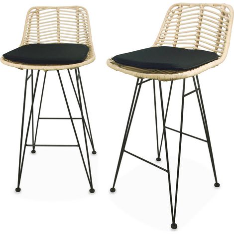 Pair of rattan bar stools 67cm, Cahya , Black, 42x48x90 cm