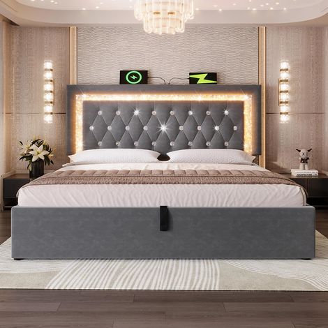 Lit rembourré, tête de lit avec bande diamantée LED, station de recharge USB et Type-C, velours, gris (sans matelas) - 140x200 cm (1/5)