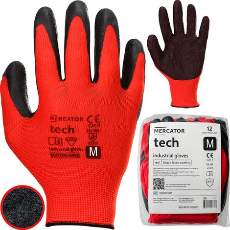 MERCATOR Tech Rot+Schwarze Latex-Arbeitshandschuhe - M - 12 Paar