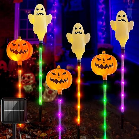 Kit de lampes solaires décoratives d'Halloween - Citrouilles - Fantômes - Éclairage LED - Lanterne extérieure - Fête - Décoration de pelouse, clôture, porche et balcon