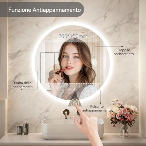 50cm Specchio Bagno con Luce LED Rotondo con Antiappannamento Dimmerabile 3 Colori Luce Memoria (1/5)