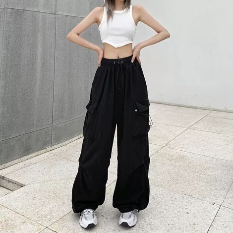 Pantalon Cargo Femme Streetwear Vintage Baggy Taille Haute Jogger Large Poche Robinson Pantalon Large Jambes Droit Survêtement Décontracté (1/4)
