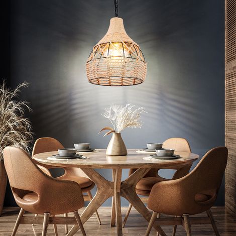 Pendellampe Hängeleuchte Esszimmer Hanfseil Deckenlampe Metall Kugelleuchte, Metall schwarz braun, 1x E27, DxH 30x135 cm
