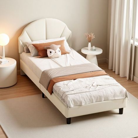 Lit enfant 90x190 cm, Lit simple en velours, Lit fille avec tête de lit, Cadre de lit 90x190 cm, Sommier, Hauteur réglable, Beige (1/5)