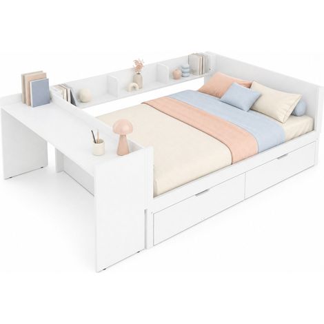 Letto matrimoniale 140x200 cm con scrivania, 2 cassetti e 3 ripiani, letto salvaspazio in legno bianco con testiera alta, senza materasso CHICFURN (1/5)