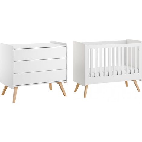 Babybett 60x120 und Kommode mit 3 Schubladen Vox Vintage Weiß und Holz (1/4)